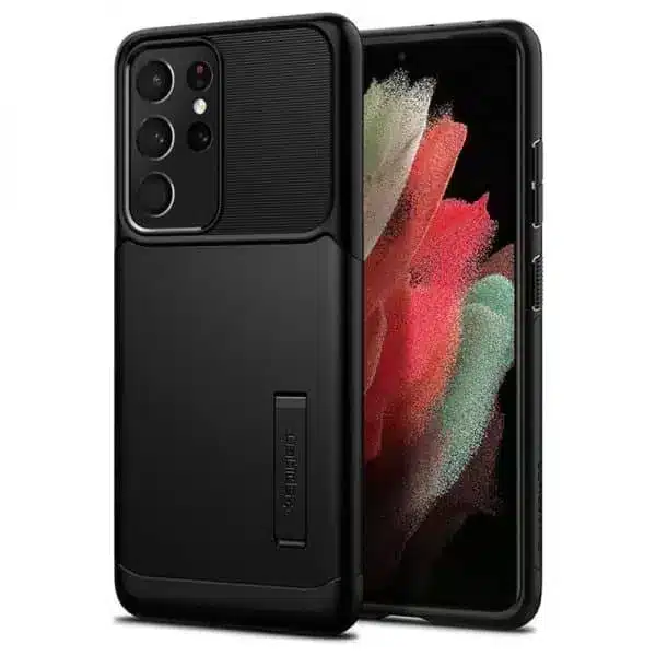 87-600x600-1.webp Samsung Galaxy S22 Zwart Spigen Standing back cover hoesje - Image 1