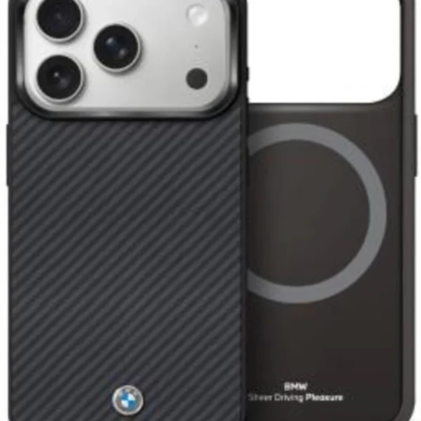 BMW 17 Pro Max Backcover hoesje - MagSafe - Matte Carbon Fiber - Metal Propeller Logo - Zwart