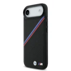 BMW iPhone 17 Air Backcover hoesje - MagSafe - PU Leather Case With Tricolor Slanted Stripes & Metal Logos - Zwart - Image 3