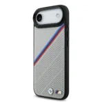 BMW iPhone 17 Air Backcover hoesje - MagSafe - PU Leather Case With Tricolor Slanted Stripes & Metal Logos - Grijs - Image 5