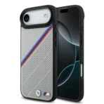 BMW iPhone 17 Air Backcover hoesje - MagSafe - PU Leather Case With Tricolor Slanted Stripes & Metal Logos - Grijs
