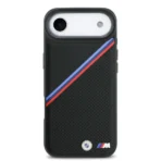 BMW iPhone 17 Air Backcover hoesje - MagSafe - PU Leather Case With Tricolor Slanted Stripes & Metal Logos - Zwart - Image 2