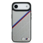 BMW iPhone 17 Air Backcover hoesje - MagSafe - PU Leather Case With Tricolor Slanted Stripes & Metal Logos - Grijs - Image 4