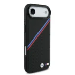 BMW iPhone 17 Air Backcover hoesje - MagSafe - PU Leather Case With Tricolor Slanted Stripes & Metal Logos - Zwart - Image 4