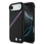 BMW iPhone 17 Air Backcover hoesje - MagSafe - PU Leather Case With Tricolor Slanted Stripes & Metal Logos - Zwart