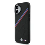 BMW iPhone 17 Backcover hoesje - MagSafe - PU Leather Case With Tricolor Slanted Stripes & Metal Logos - Zwart - Image 4