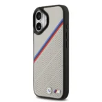 BMW iPhone 17 Backcover hoesje - MagSafe - PU Leather Case With Tricolor Slanted Stripes & Metal Logos - Grijs - Image 3