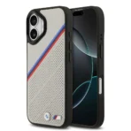 BMW iPhone 17 Backcover hoesje - MagSafe - PU Leather Case With Tricolor Slanted Stripes & Metal Logos - Grijs