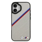 BMW iPhone 17 Backcover hoesje - MagSafe - PU Leather Case With Tricolor Slanted Stripes & Metal Logos - Grijs - Image 4