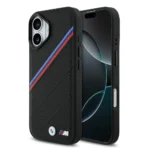 BMW iPhone 17 Backcover hoesje - MagSafe - PU Leather Case With Tricolor Slanted Stripes & Metal Logos - Zwart