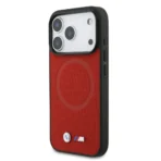 BMW iPhone 17 Pro Backcover hoesje - MagSafe - Full Wrapped Leather Case With Metal Logos - Rood - Image 2