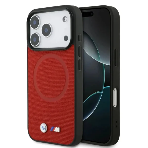 BMW iPhone 17 Pro Backcover hoesje - MagSafe - Full Wrapped Leather Case With Metal Logos - Rood