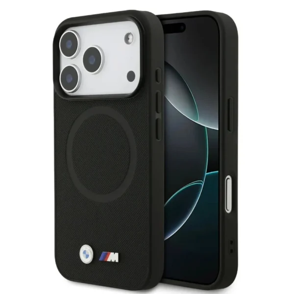 BMW iPhone 17 Pro Backcover hoesje - MagSafe - Full Wrapped Leather Case With Metal Logos - Zwart