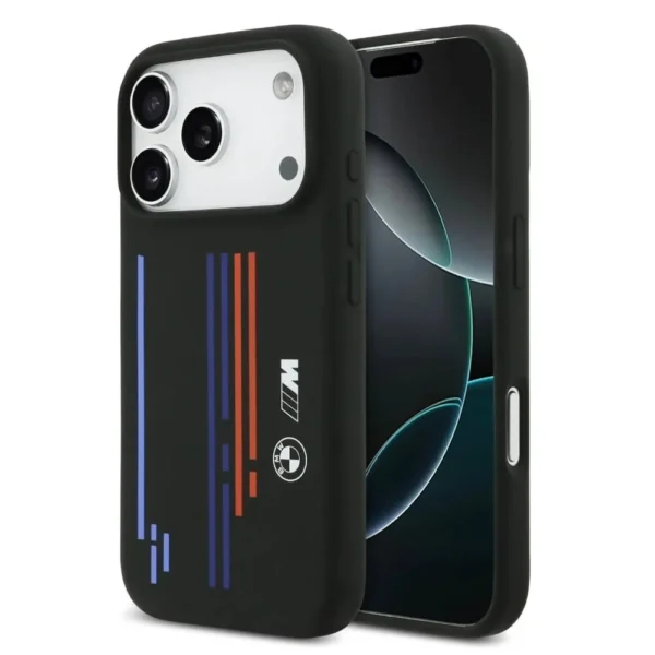 BMW iPhone 17 Pro Backcover hoesje - MagSafe - Liquid Silicone Case With Printed Multi-Tricolor - Zwart