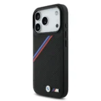 BMW iPhone 17 Pro Backcover hoesje - MagSafe - PU Leather Case With Tricolor Slanted Stripes & Metal Logos - Zwart