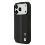 BMW iPhone 17 Pro Backcover hoesje - PU Leather Case With Perforated Blue Stripes & Metal Logos - Zwart - Afbeelding 2