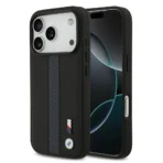 BMW iPhone 17 Pro Backcover hoesje - PU Leather Case With Perforated Blue Stripes & Metal Logos - Zwart