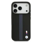 BMW iPhone 17 Pro Backcover hoesje - PU Leather Case With Perforated Blue Stripes & Metal Logos - Zwart - Afbeelding 3