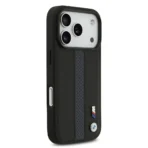 BMW iPhone 17 Pro Backcover hoesje - PU Leather Case With Perforated Blue Stripes & Metal Logos - Zwart - Afbeelding 4