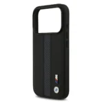 BMW iPhone 17 Pro Backcover hoesje - PU Leather Case With Perforated Blue Stripes & Metal Logos - Zwart - Afbeelding 7