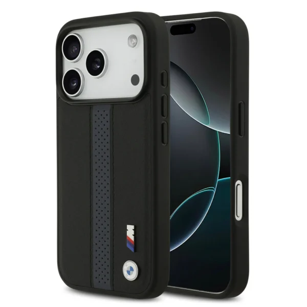 BMW iPhone 17 Pro Backcover hoesje - PU Leather Case With Perforated Blue Stripes & Metal Logos - Zwart