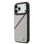 BMW iPhone 17 Pro Max Backcover hoesje - MagSafe - PU Leather Case With Tricolor Slanted Stripes & Metal Logos - Grijs - Image 2