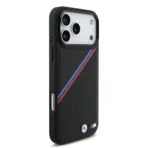 BMW iPhone 17 Pro Max Backcover hoesje - MagSafe - PU Leather Case With Tricolor Slanted Stripes & Metal Logos - Zwart - Image 2