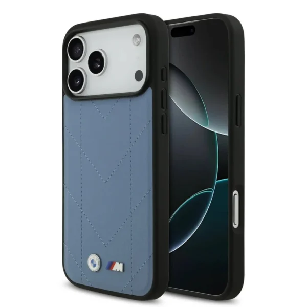 BMW iPhone 17 Pro Max Backcover hoesje - MagSafe - Quilted Leather Case With Metal Logo - Blauw