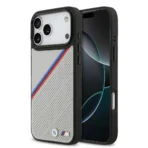 BMW iPhone 17 Pro Max Backcover hoesje - MagSafe - PU Leather Case With Tricolor Slanted Stripes & Metal Logos - Grijs