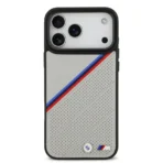 BMW iPhone 17 Pro Max Backcover hoesje - MagSafe - PU Leather Case With Tricolor Slanted Stripes & Metal Logos - Grijs - Image 3