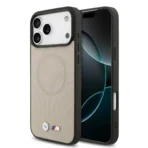 BMW iPhone 17 Pro Max Backcover hoesje - MagSafe - Full Wrapped Leather Case With Metal Logos - Grijs