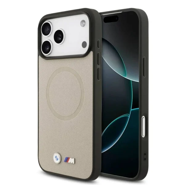 BMW iPhone 17 Pro Max Backcover hoesje - MagSafe - Full Wrapped Leather Case With Metal Logos - Grijs