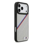 BMW iPhone 17 Pro Max Backcover hoesje - MagSafe - PU Leather Case With Tricolor Slanted Stripes & Metal Logos - Grijs - Image 4