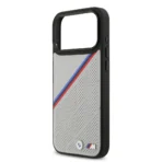 BMW iPhone 17 Pro Max Backcover hoesje - MagSafe - PU Leather Case With Tricolor Slanted Stripes & Metal Logos - Grijs - Image 7
