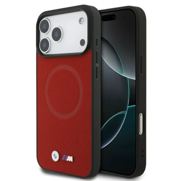 BMW iPhone 17 Pro Max Backcover hoesje - MagSafe - Full Wrapped Leather Case With Metal Logos - Rood