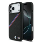 BMW iPhone 17 Pro Max Backcover hoesje - MagSafe - PU Leather Case With Tricolor Slanted Stripes & Metal Logos - Zwart