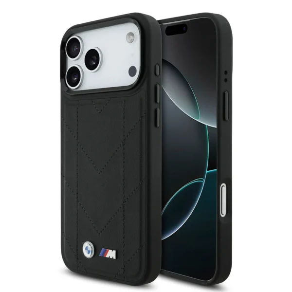 BMW iPhone 17 Pro Backcover hoesje - MagSafe - Quilted Leather Case With Metal Logo - Zwart