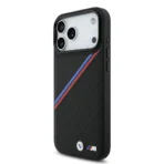BMW iPhone 17 Pro Max Backcover hoesje - MagSafe - PU Leather Case With Tricolor Slanted Stripes & Metal Logos - Zwart - Image 3