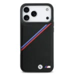 BMW iPhone 17 Pro Max Backcover hoesje - MagSafe - PU Leather Case With Tricolor Slanted Stripes & Metal Logos - Zwart - Image 4