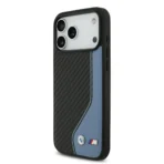 BMW iPhone 17 Pro Max Backcover hoesje - PU Leather & Carbon Case With Blue Line Stitch - Zwart - Afbeelding 3