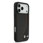 BMW iPhone 17 Pro Max Backcover hoesje - PU Leather & Carbon Case With Red Line Stitch - Zwart - Afbeelding 2
