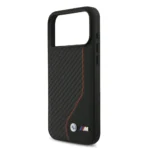 BMW iPhone 17 Pro Max Backcover hoesje - PU Leather & Carbon Case With Red Line Stitch - Zwart - Afbeelding 7