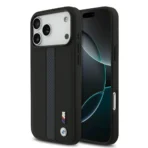 BMW iPhone 17 Pro Max Backcover hoesje - PU Leather Case With Perforated Blue Stripes & Metal Logos - Zwart
