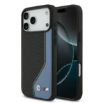 BMW iPhone 17 Pro Max Backcover hoesje - PU Leather & Carbon Case With Blue Line Stitch - Zwart