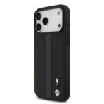 BMW iPhone 17 Pro Max Backcover hoesje - PU Leather Case With Perforated Blue Stripes & Metal Logos - Zwart - Afbeelding 5