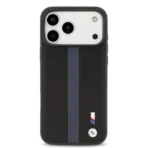 BMW iPhone 17 Pro Max Backcover hoesje - PU Leather Case With Perforated Blue Stripes & Metal Logos - Zwart - Afbeelding 3