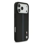 BMW iPhone 17 Pro Max Backcover hoesje - PU Leather Case With Perforated Blue Stripes & Metal Logos - Zwart - Afbeelding 2