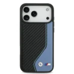 BMW iPhone 17 Pro Max Backcover hoesje - PU Leather & Carbon Case With Blue Line Stitch - Zwart - Afbeelding 2