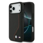 BMW iPhone 17 Pro Max Backcover hoesje - PU Leather & Carbon Case With Red Line Stitch - Zwart