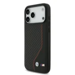 BMW iPhone 17 Pro Max Backcover hoesje - PU Leather & Carbon Case With Red Line Stitch - Zwart - Afbeelding 4